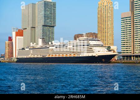 Großes Kreuzfahrtschiff parkt im Zentrum von rotterdam. Blick auf die Wolkenkratzer von rotterdam an einem sonnigen Tag Stockfoto