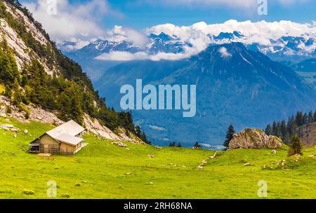 Wunderschöner Blick auf eine bergige Landschaft mit einer hölzernen Almhütte umgeben von saftigen Wiesen und einem wundervollen Blick auf die alpen und das Tal... Stockfoto