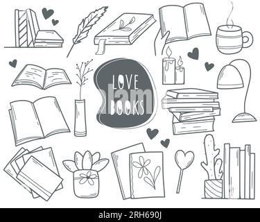 Handgezeichnetes Buch-Set mit Tinte. Eine Sammlung von Büchern kritzelt den Skizzenstil. Liebe zu Büchern und Lesekonzept, Vektordarstellung Stock Vektor