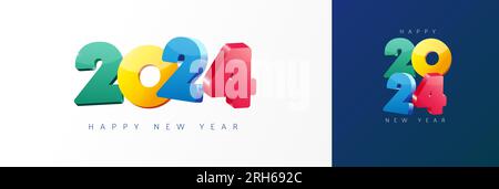 2024 Happy New Year 3D – Farbiges Design-Konzept für das Typografie-Logo. Weihnachtsgrüße mit 3D Zahlen 2024. Vektordarstellung Stock Vektor