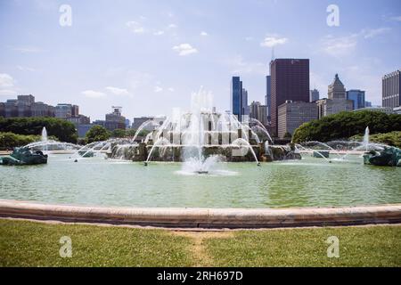 Teleobjektiv des Buckingham Fountain, Chicago, Illinois, USA Stockfoto