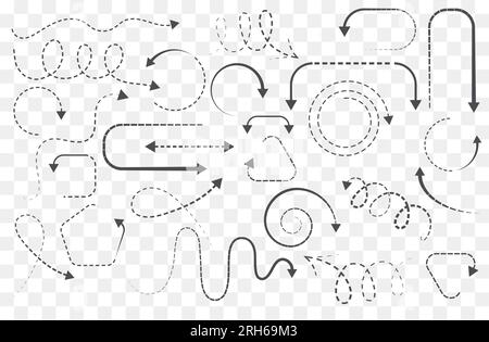 Infografikelemente auf isoliertem transparentem Hintergrund, einfache Pfeile. Strichkunststil. Satz verschiedener Zeiger und Pfeile. Schwarz auf Weiß Stock Vektor