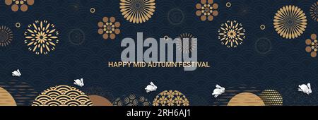 Bannerdesign mit traditionellen chinesischen Vollmondkreisen, hüpfenden Hasen unter dem Mond. Gold auf dunklem Hintergrund. Übersetzung aus Chinesisch - Mitte Stock Vektor