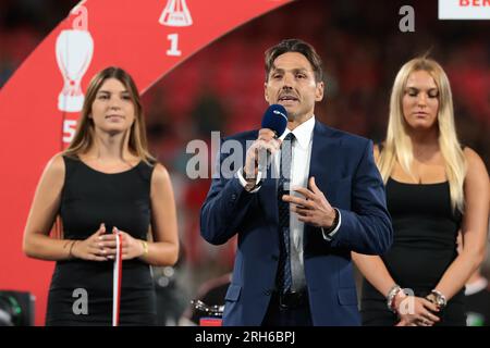 Monza, Italien, 8. August 2023. Pier Silvio Berlusconi hält eine Rede nach dem Spiel Trofeo Silvio Berlusconi im U-Power Stadium, Monza. Der Bildausdruck sollte lauten: Jonathan Moscrop/Sportimage Stockfoto