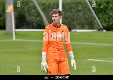 Swansea, Wales. 12. August 2023. Torwart Kit Margetson aus Swansea City während des Spiels der Professional Development League unter 18 Jahren zwischen Swansea City und Peterborough United an der Swansea City Academy in Swansea, Wales, UK am 12. August 2023. Kredit: Duncan Thomas/Majestic Media/Alamy Live News. Stockfoto