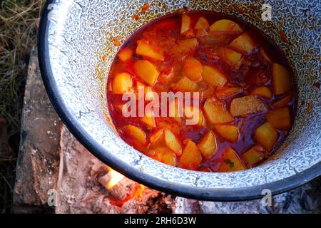 Ungarische Paprika-Kartoffeln, paprikás krumpli, Kochen in einem Topf, Bogracs, über einem offenen Feuer, Ungarn Stockfoto