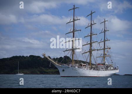 Das Klasse-A-Großschiff dar Mlodziezy aus Polen kommt im Hafen von Falmouth, Cornwall, vor dem Magellan-Elcano-Großsegler-Rennen an. Elf Großsegler aus der ganzen Welt segeln für drei Festtage nach Falmouth, bevor die Parade of Sail beginnt. Das Rennen beginnt am Freitag in Falmouth Bay. Foto: Montag, 14. August 2023. Stockfoto