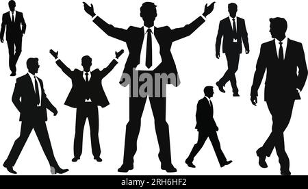 Silhouetten für Geschäftsleute in verschiedenen Positionen. Flache Vektorgrafiken. Gruppe von Geschäftsleuten. Anwalt, Lehrer, Vertriebsleiter, Chef, Politiker Stock Vektor