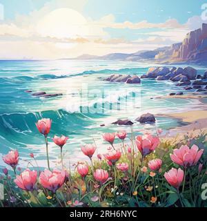 Aquarell Blick auf das Meer mit Blumen Stock Vektor