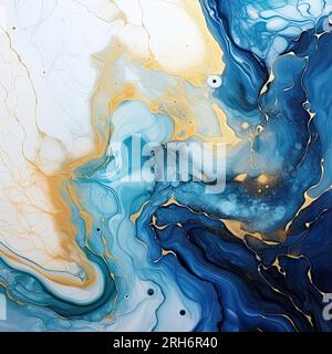 Abstrakte Hintergrundtinte, flüssiger Marmoreffekt, blaue Farbe mit goldener Textur Stockfoto