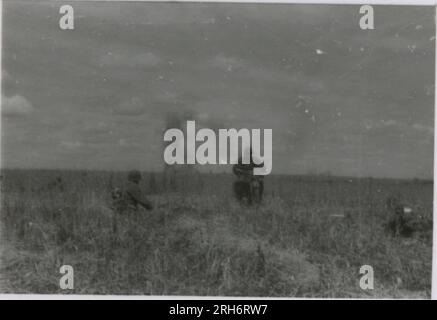 SS-Fotograf, Grönert, Hermann (Totenkopf, Russland und Italien 1943) Tiger I-Demonstration vor japanischen Offizieren; Winterkampf-Action mit Halbspuren, Flakpistole auf Halbspur und StuG III; russische Bevölkerung; viele Kampffotos der Infanterie in Russland mit Tiger IS, StuG, Marder und Panzerabwehrwaffen; russische Panzer zerstört und gefangen genommen; russische Kriegsgefangene; Soldaten, die Minen verlegen; Angriffsgewehre und Tiger sind in Italien mit Infanterie, Infanterieausbildung mit Mörsern und einem schwimmwagen, der den Fluss überquert Stockfoto