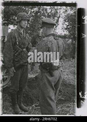 SS-Fotograf, Grönert, Hermann (Totenkopf, Russland und Italien 1943) Tiger I-Demonstration vor japanischen Offizieren; Winterkampf-Action mit Halbspuren, Flakpistole auf Halbspur und StuG III; russische Bevölkerung; viele Kampffotos der Infanterie in Russland mit Tiger IS, StuG, Marder und Panzerabwehrwaffen; russische Panzer zerstört und gefangen genommen; russische Kriegsgefangene; Soldaten, die Minen verlegen; Angriffsgewehre und Tiger sind in Italien mit Infanterie, Infanterieausbildung mit Mörsern und einem schwimmwagen, der den Fluss überquert Stockfoto