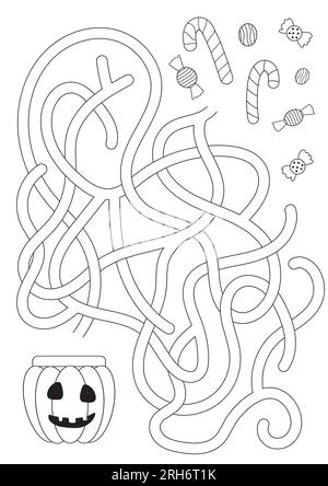 Vektorlabyrinth isoliert auf weißem Hintergrund. Hilf den Süßigkeiten, an Halloween den Topf für Süßigkeiten zu finden. Bildungslogikspiel-Labyrinth für Kinder. Mit der Lösung. Stock Vektor