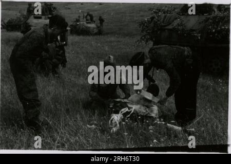SS-Fotograf, Grönert, Hermann (Totenkopf, Russland und Italien 1943) Tiger I-Demonstration vor japanischen Offizieren; Winterkampf-Action mit Halbspuren, Flakpistole auf Halbspur und StuG III; russische Bevölkerung; viele Kampffotos der Infanterie in Russland mit Tiger IS, StuG, Marder und Panzerabwehrwaffen; russische Panzer zerstört und gefangen genommen; russische Kriegsgefangene; Soldaten, die Minen verlegen; Angriffsgewehre und Tiger sind in Italien mit Infanterie, Infanterieausbildung mit Mörsern und einem schwimmwagen, der den Fluss überquert Stockfoto