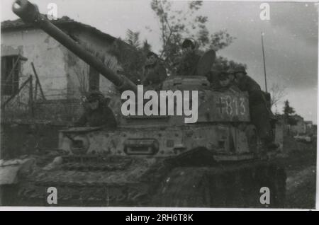 SS-Fotograf, Grönert, Hermann (Totenkopf, Russland und Italien 1943) Tiger I-Demonstration vor japanischen Offizieren; Winterkampf-Action mit Halbspuren, Flakpistole auf Halbspur und StuG III; russische Bevölkerung; viele Kampffotos der Infanterie in Russland mit Tiger IS, StuG, Marder und Panzerabwehrwaffen; russische Panzer zerstört und gefangen genommen; russische Kriegsgefangene; Soldaten, die Minen verlegen; Angriffsgewehre und Tiger sind in Italien mit Infanterie, Infanterieausbildung mit Mörsern und einem schwimmwagen, der den Fluss überquert Stockfoto