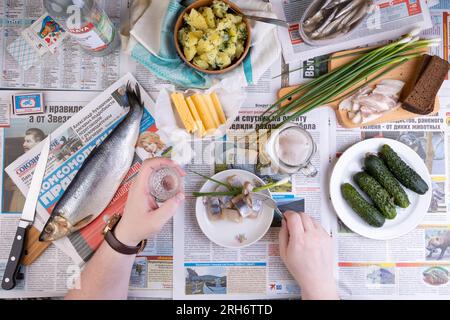 Russland, Moskau - 01. JULI 2023: Hering, Kartoffeln, Speck, Brot, Stolichnaya Wodka, Bier und andere Speisen werden in einer beliebten Zeitung statt A serviert Stockfoto