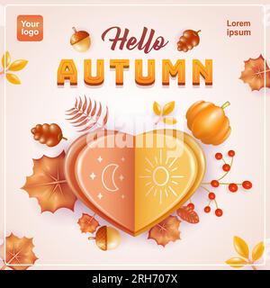 Hallo Herbst. Herzförmiger Gruß aus gefaltetem Papier mit Bildern von Tag und Nacht, mit Elementen aus Herbstblättern, Kürbissen und Körnern Stock Vektor