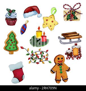 Winter-Weihnachtselemente, Kerze, Lebkuchen-Mann, Kuchen. Illustration. Perfekt für Grußkarten, Poster, Einladungen, Partydekor, Stoff Stockfoto