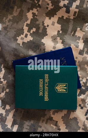 Ukrainischer Reisepass und militärausweis. Ukrainischer Pixelhintergrund Stockfoto