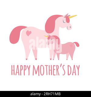 Vector-fröhliche rosa Muttertag-Schrift und Einhorn isoliert auf weißem Hintergrund Stock Vektor