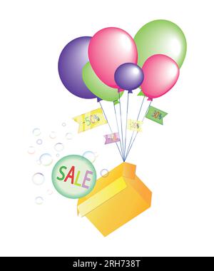 Eine Box, die auf Ballons hängt, erhebt sich. Der Verkauf der Inschrift und die prozentualen Rabatte Stock Vektor