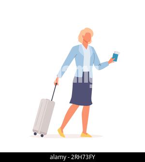 Frau auf Geschäftsreise mit Gepäck. Weibliche Figur läuft mit einem Koffer Stock Vektor