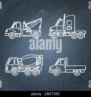 Set von LKW-Icons Skizzen auf Tafel. Sammlung von Lastenfahrzeug Symbole Zeichnungen. Stock Vektor