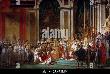 Krönung von Kaiser Napoleon I. und Krönung der Kaiserin Josephine in Notre-Dame de Paris, 2. Dezember 1804 Joséphine kniet vor Napoléon während seiner Krönung in Notre Dame. Hinter ihm sitzt Papst Pius VII Von Jacques-Louis David Stockfoto