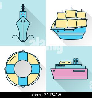 Seesammlung von Schiffen und nautischen Ikonen in Linienform mit langem Schatten. Symbole für die See, einschließlich Barque, Rettungsboje und Fahrgastschiffe. Wasser tr Stock Vektor