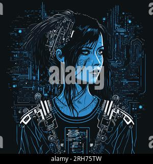 Cyberpunk Girl mit Aqua-Computer-Schaltplänen und Schaltkreisen hinter ihr. Vektorbild Anime, Manga, Sci-Fi, Fantasy, Horror, Neuer Grafischer Stil. Stock Vektor