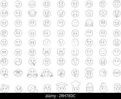 Emoji-Reaktionen-Icons-Set. Emoticons, Gesichtsausdrücke. Bearbeitbare Kontur. Vektorsammlung Für Einfache Symbole Stock Vektor