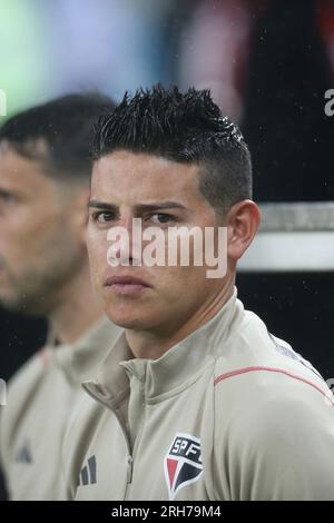 13. August 2023: Maracana Stadium Rio de Janeiro, Brasilien; James Rodr&#xed;Guez of Sao Paulo, before the Flamengo und Sao Paulo in the Campeonato Brasileiro 2023 Stockfoto