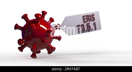 Breaking News: „ERIS EG.5,1“ gefährliche neue COVID-Subvariante des SARS-CoV-2-Coronavirus-Textes auf Namensschild über 3D-Rendering COVID-19 rot glänzende Bakterienzellen Stockfoto