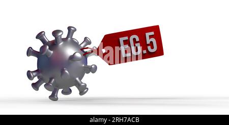 Breaking News: „ERIS EG.5,1“ gefährliche neue COVID-Subvariante des SARS-CoV-2-Coronavirus-Textes auf Namensschild über 3D-Rendering COVID-19 glänzende Bakterienzellen Stockfoto