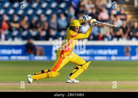 Sophia Gardens, Cardiff, Großbritannien. 14. Aug. 2023. The 100 Mens Cricket, Welsh Fire gegen Trent Rockets; Trent Rockets Joe Root in Aktion. Kredit: Action Plus Sports/Alamy Live News Stockfoto