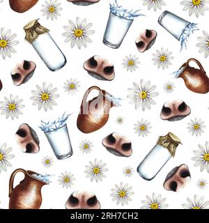 Nahtloses Muster mit Milchkühen, Milchkuhnasen, Flecken und Gänseblümchen. Handgezeichnete Aquarell-Illustration. Milchstruktur für Motivdruck. Für Etikett, Stockfoto