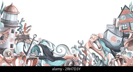 Ein Leuchtturm mit Walen, Muscheln, Seesternen, Korallen, Blasen, dampfschiff, Welle, Anker, Algen, Kabine und Muscheln. Aquarell-Hand Stockfoto