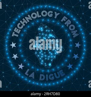 Technologie Von La Digue. Futuristisches geometrisches Abzeichen der Insel. Technologisches Konzept. Rundes La Digue Logo. Vektordarstellung. Stock Vektor