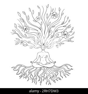 Eine Frau in Lotusposition ist Yoga, spirituelle Praktiken. Baum als Symbol des Lebens, Wurzeln und Zweige mit Blumen. Verschmelzung mit Natur, Weiblichkeit, Symbolik. Für Logos, Embleme usw. Vektordarstellung Stock Vektor