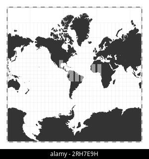 Vector-Weltkarte. Sphärische Mercator-Projektion. Geografische Karte mit Breiten- und Längengraden. Zentriert auf 60deg E-Längengrad. Vektor Stock Vektor