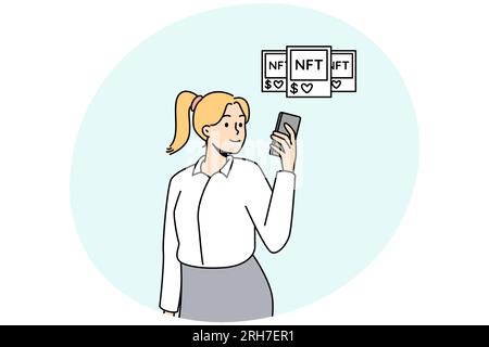 Frau mit NFT-Bild und Wertgegenständen. Geschäftsfrau erforscht Blockchain- oder Kryptowährungskunstwerke. Vektorgrafik. Stock Vektor