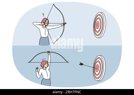 Frau mit Pfeil und Bogen schießen Ziel. Erfolgreiche Geschäftsfrau gewinnt Erreichen Sie Geschäftserfolg oder Ziel. Erfolg und Erfolg. Vektorgrafik. Stock Vektor