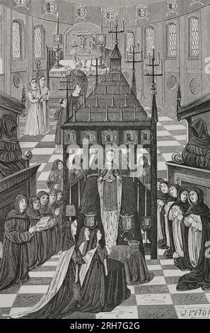 Anne von der Bretagne (1477-1514). Herzogin der Bretagne und Gemahlin Frankreichs (1491-1498, 1499-1514). Sie starb am 8. Januar 1514 im Château de Blois. Die Beerdigungszeremonie fand am 4. Februar 1514 in der Kirche Saint-Sauveur statt. Die Beerdigungen fanden über einen Zeitraum von 40 Tagen statt. Vor dem Sarg stand die Statue, mit dem Zepter und der Krone. Die cordeliers (Franziskaner) und die Jakobins knieten. Der Bischof von Paris hat die Messe eröffnet. Gravur nach einer Miniatur in „Le Trespas de l'Hermine regrettée“, Ca. 1515. "Vie Militaire et Religieuse au Moyen Age et à l'Epoque Stockfoto