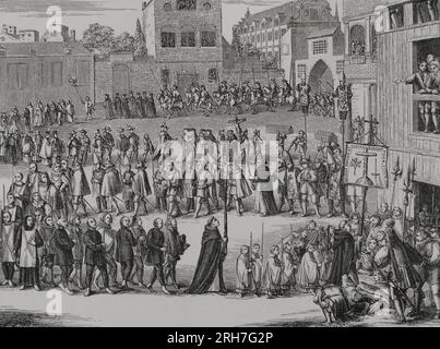 Spanische Inquisition. Auto-da-fé. Die Prozession der Gefangenen der Inquisition zur Auto de Fe wird verurteilt. Öffentliche Zeremonie mit dem Inquisitionszeichen, dem Kreuz mit dem Olivenzweig und dem Schwert. Fax nach Gravur aus "Historia Inquisitionis", 1692. "Vie Militaire et Religieuse au Moyen Age et à l'Epoque de la Renaissance". Paris, 1877. Stockfoto