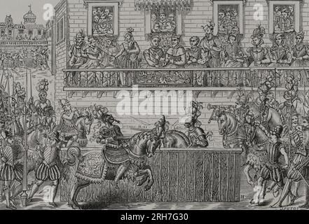 König Heinrich II. Von Frankreich (1519-1559) wurde bei dem Turnier auf dem Place des Vosges in Paris, anlässlich der Hochzeit seiner Tochter Elisabeth von Valois mit König Philip II. Von Spanien, tödlich verletzt. Heinrich II. Kämpfte gegen einen Captain der Schottischen Garde, Gabriel de Lorges, Graf von Montgomery, und wurde unbeabsichtigt am Auge verletzt. Henry starb einige Tage später, am 10. Juli 1599, an der Wunde, die er erlitten hatte. Gravur von J. Petot. „Vie Militaire et Religieuse au Moyen Age et à L'Epoque de la Renaissance“. Paris, 1877. Stockfoto