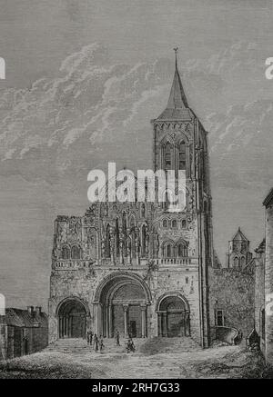 Frankreich. Fassade der Kirche St. Maria Magdalena in Vézelay, aus der Bernard von Clairvaux während der Heiligen Woche 1146 für den zweiten Kreuzzug (1147-1149) predigte. Der Zustand der Kirche zum Zeitpunkt der Predigt. Jetzt Basilika Vézelay oder Basilika der Heiligen Maria Magdalene de Vézelay. Benediktinerkloster. Gravur. "Vie Militaire et Religieuse au Moyen Age et à l'Epoque de la Renaissance". París, 1877. Stockfoto