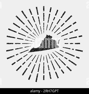 Vintage-Karte von Virginia. Grunge Sunburst rund um den US-Staat. Schwarze Virginia-Form mit Sonnenstrahlen auf weißem Hintergrund. Vektorabbildung. Stock Vektor