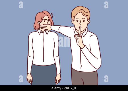 Arroganter männlicher Boss, der Frauen den Mund verschließt, und befahl, zu schweigen und diskriminierende Taten und Zensur zu zeigen. Begriff der geschlechtsspezifischen Ungleichheit und mangelnde Meinungsfreiheit im Team durch Zensur Stock Vektor