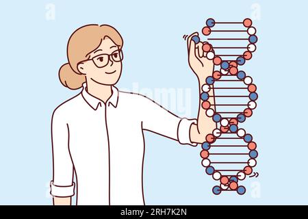 Genetikerin untersucht DNA-Kette in der Nähe des Genommoleküls und modifizierende genetische Probe. Das junge Mädchen wird die Sequenzierung und Mutation menschlicher DNA untersuchen, die tödliche Krankheiten verursacht Stock Vektor