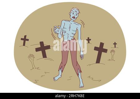 Zombie, der nachts auf dem Friedhof läuft. Gruseliges Monster an Halloween draußen. Toter Gang. Vektorgrafik. Stock Vektor